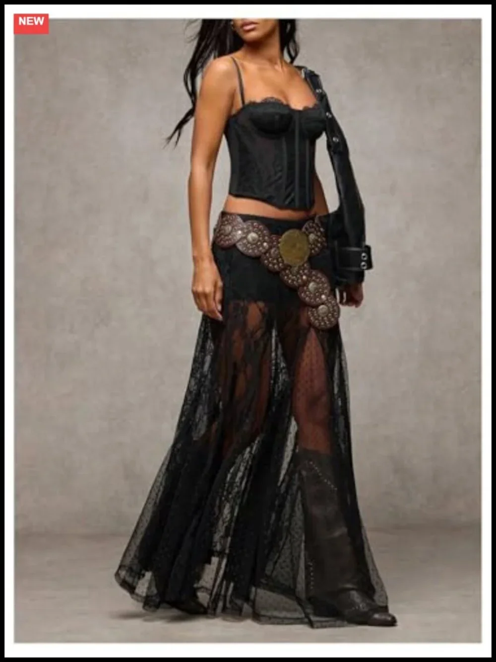 Sheer Lace Maxi Skirt Ruffle Asymmetrical See Through Long Flowy Polka Dot